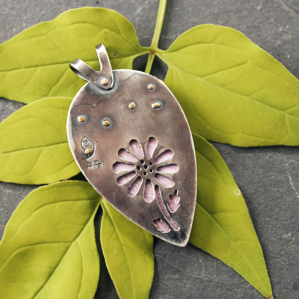Pink Phosphosiderite Pendant, Silver with riveted Flowers back