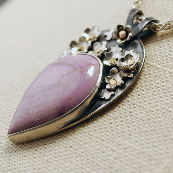 Pink Phosphosiderite Pendant, Silver with riveted Flowers close-up angle