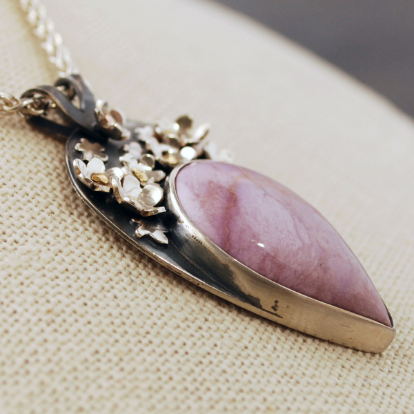 Pink Phosphosiderite Pendant, Silver with riveted Flowers close-up angle