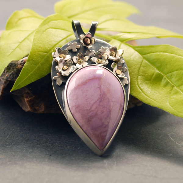 Pink Phosphosiderite Pendant, Silver with riveted Flowers