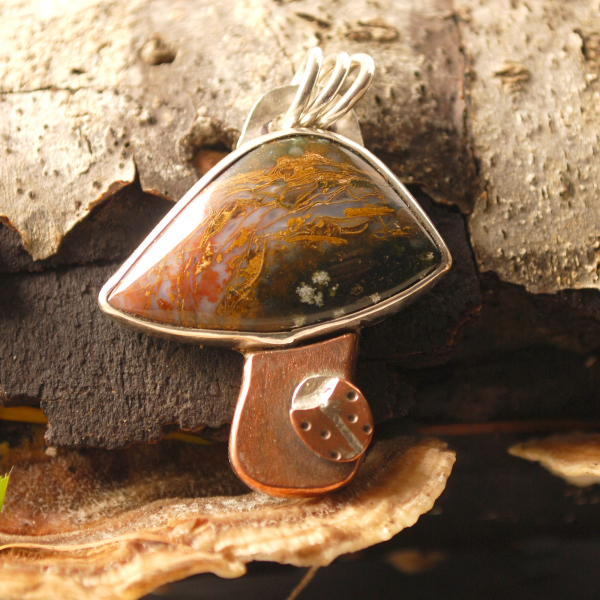 Silver, Copper Mushroom Pendant with Agate and Ladybug