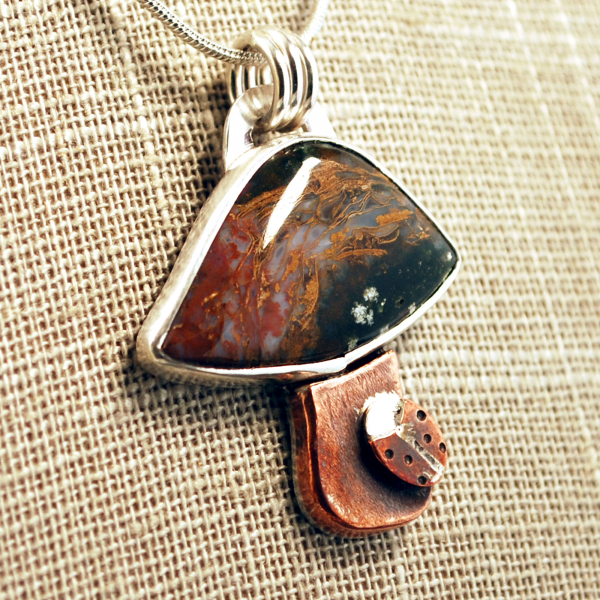 Silver, Copper Mushroom Pendant with Agate and Ladybug close up angle