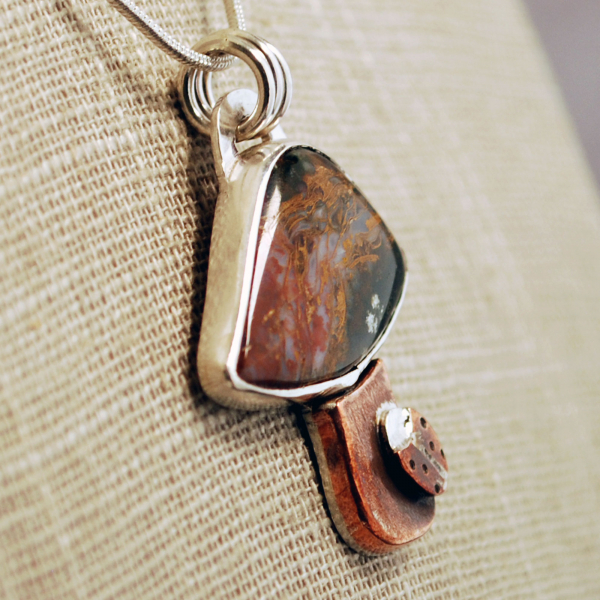 Silver, Copper Mushroom Pendant with Agate and Ladybug close up angle
