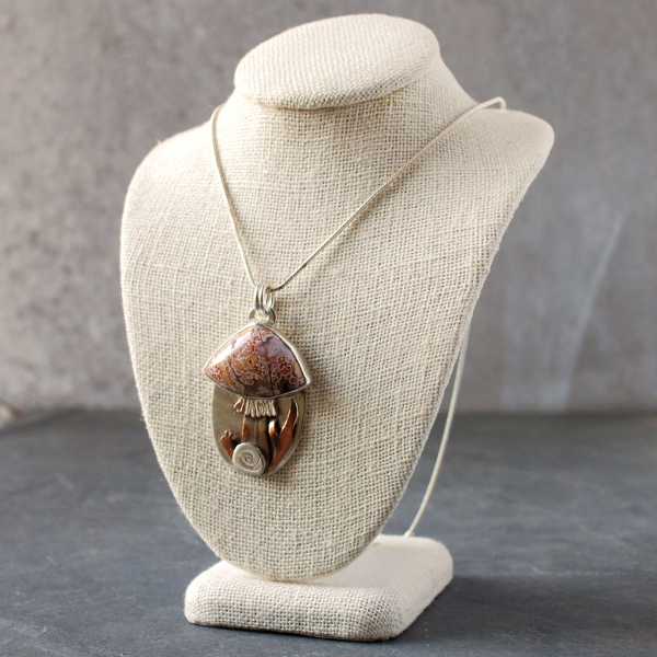 Silver, Copper Mushroom Pendant, with Ocean Jasper, Snail hanging
