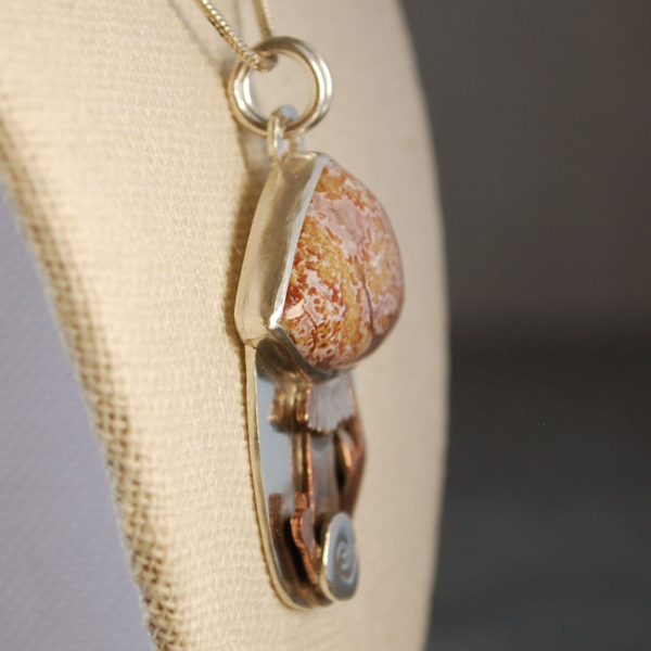 Silver, Copper Mushroom Pendant, with Ocean Jasper, Snail close-up angle
