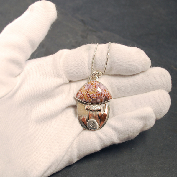 Silver, Copper Mushroom Pendant, with Ocean Jasper, Snail in hand