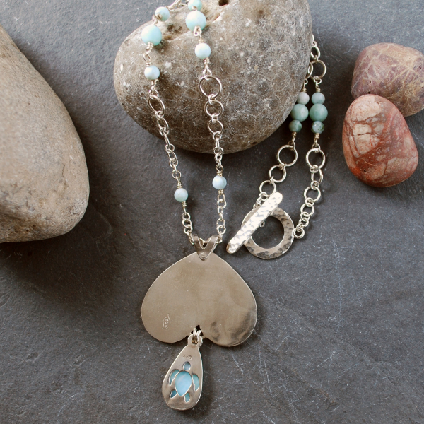 Larimar Pendant, Silver Waves, Dolphin, Hand made Chain back