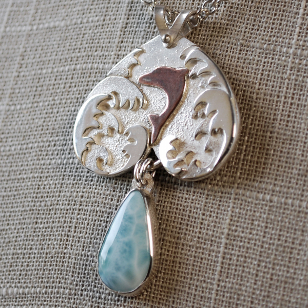 Larimar Pendant, Silver Waves, Dolphin, close up