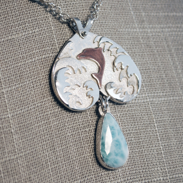 Larimar Pendant, Silver Waves, Dolphin, close up angle