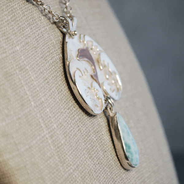 Larimar Pendant, Silver Waves, Dolphin, close up angle