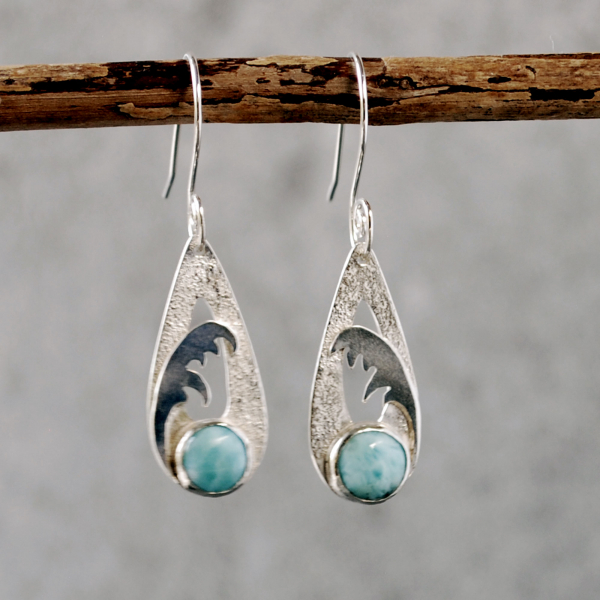 Larimar Earrings, Sterling Silver with Waves hanging