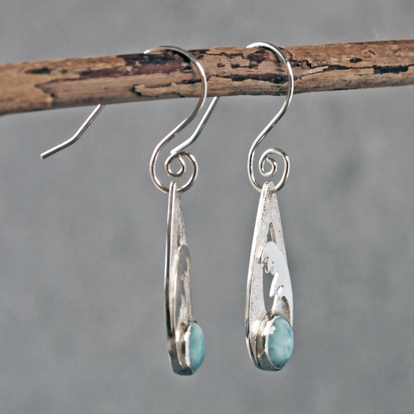 Larimar Earrings, Sterling Silver with Waves angle