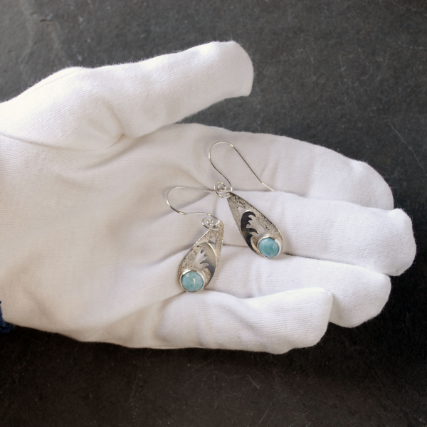 Larimar Earrings, Sterling Silver with Waves in hand