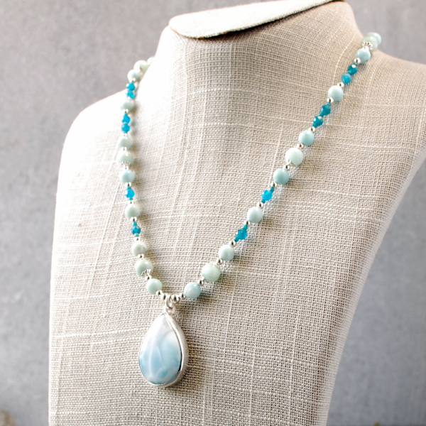 Larimar Silver Beaded Necklace, Larimar Pendant hanging at angle