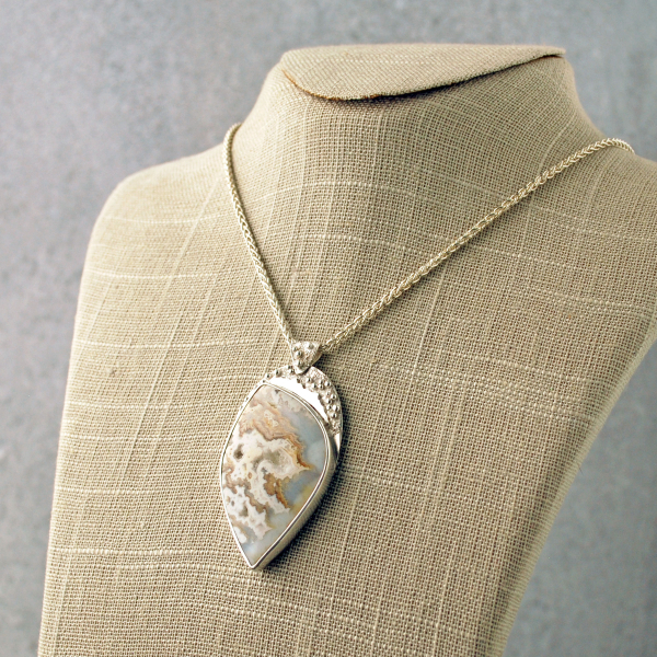 Plume Agate Pendant, with Druzy, Sterling Silver hanging at angle