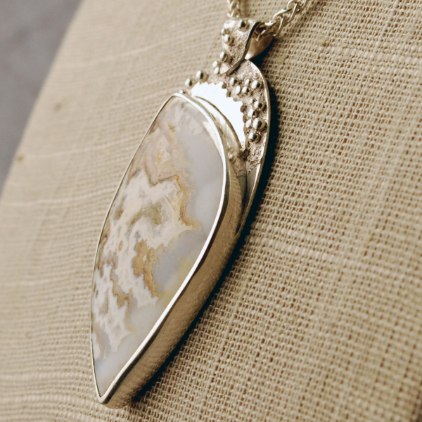Plume Agate Pendant, with Druzy, Sterling Silver close-up slight angle