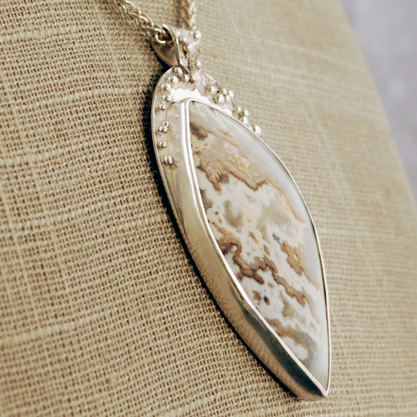 Plume Agate Pendant, with Druzy, Sterling Silver close-up angle other side