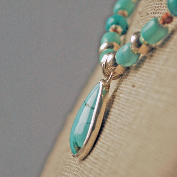 Nacozari Turquoise, Silver, Copper Necklace, pendant close-up side view