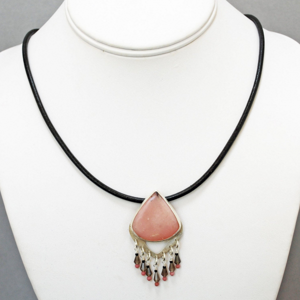 Pink Opal Pendant, Silver Fringe Pendant with Pink Opal and Smoky Quartz