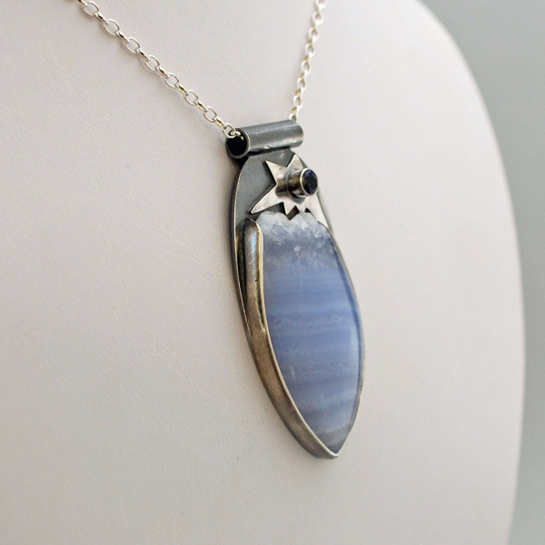 Blue Lace Agate with Druzy, Silver and Iolite  Pendant