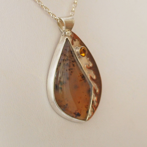Montana Agate Silver Pendant with Citrine and Hammered Copper