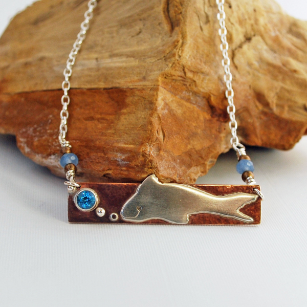 Hammered Bronze Bar Necklace with Happy Silver Fish and Blue Topaz