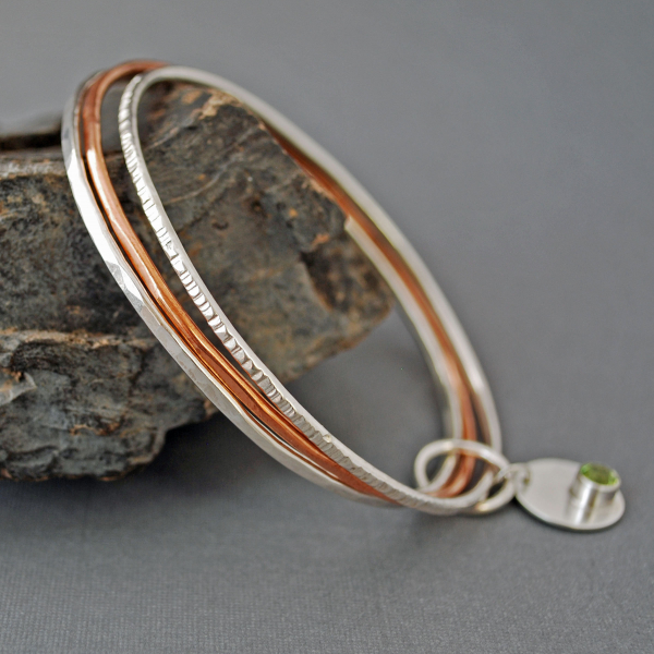 Silver and Copper Bangle Set with Gemstone Charm