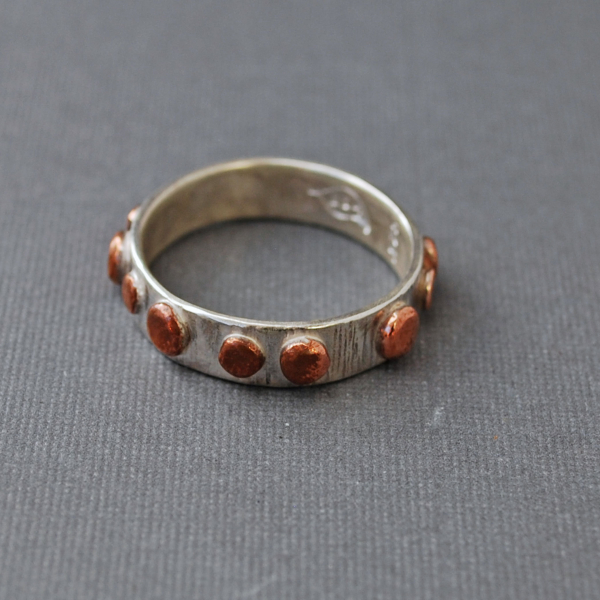 Hammered Silver Ring Band with Copper Dots