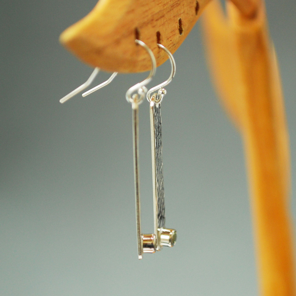 Hammered Silver Stick Earrings with Peridot,August Birthstone Earrings