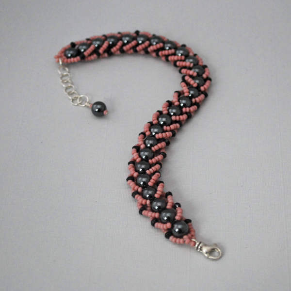 Hematite and Black Onyx Beaded Bracelet, Black and Pink