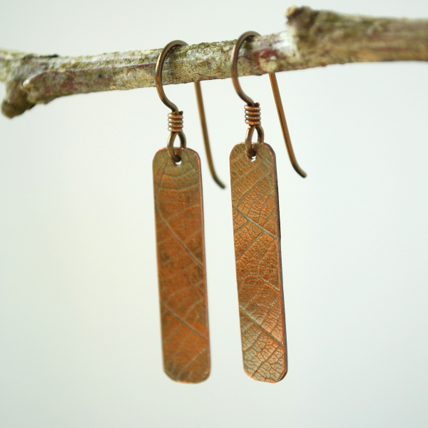 Copper Dangle Earrings, Leaf Impressed Texture