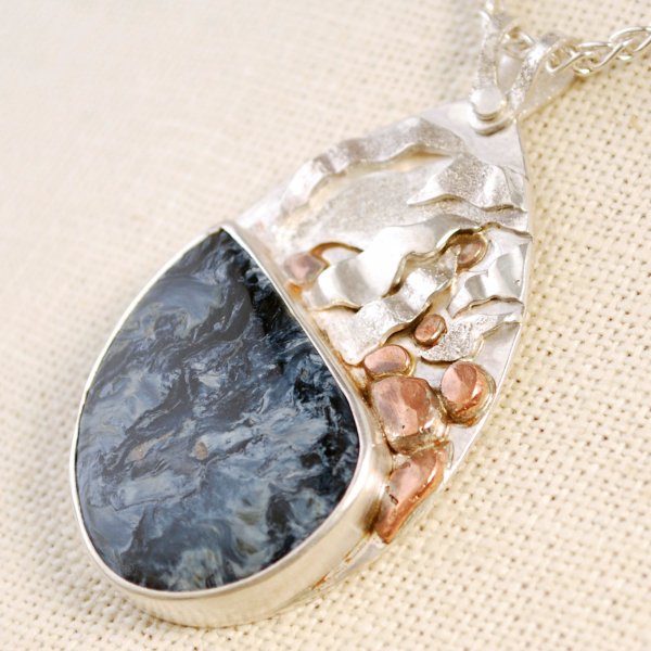 Blue Pietersite Silver Pendant with Waterfall, Copper Rocks close-up angle