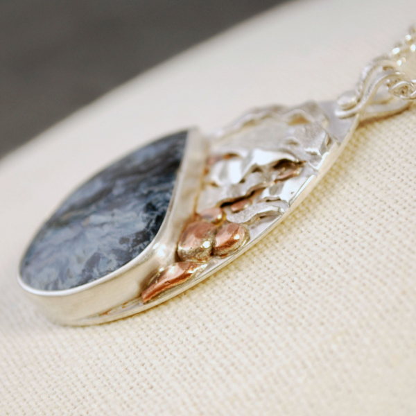 Blue Pietersite Silver Pendant with Waterfall, Copper Rocks close-up angle