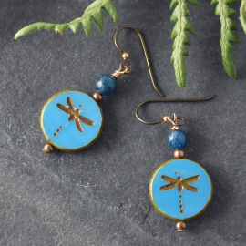 Blue Czech Glass and Apatite Dragonfly Earrings