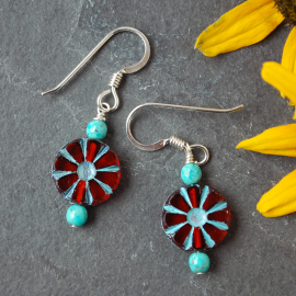 Red Czech Glass Flower and Turquoise Earrings
