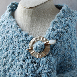 Bronze, Silver, Moonstone Scarf Pin, pinned to scarf