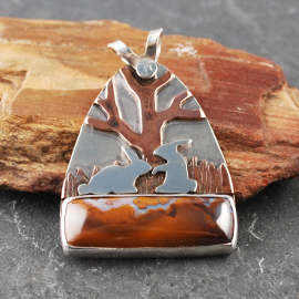 Boulder Opal Pendant with Rabbits, Tree
