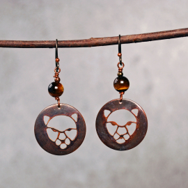 Copper Cougar, Wild Cat Earrings with Tigers Eye, hanging