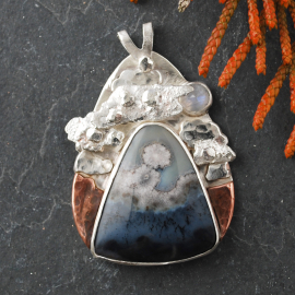 Silver Agate Pendant, Riveted Clouds