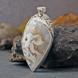 Plume Agate Pendant, with Druzy, Sterling Silver