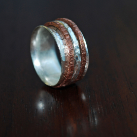 Silver Copper Spinner Ring, Triple Spinner Ring, Kinetic Ring