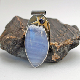 Blue Lace Agate with Druzy, Silver and Iolite  Pendant