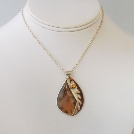 Montana Agate Silver Pendant with Citrine and Hammered Copper