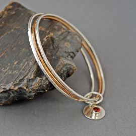 Silver and Bronze Bangle Set with Gemstone Charm