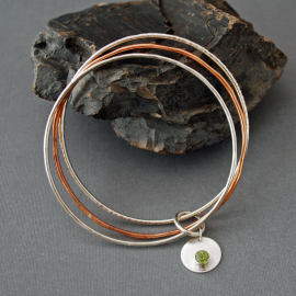 Silver and Copper Bangle Set with Gemstone Charm