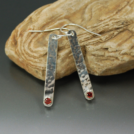 Hammered Silver Stick Earrings with Garnet, January Birthstone Earrings
