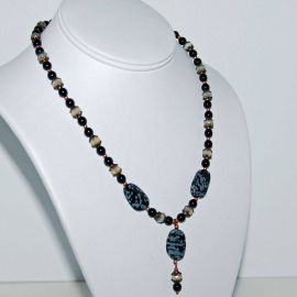 Snowflake Obsidian and Czech Glass Necklace