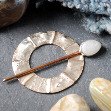 Bronze, Silver, Moonstone Scarf Pin, Shawl Pin, Fibula