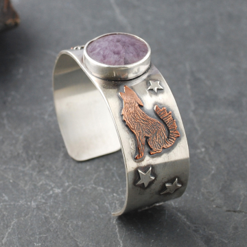 Silver Cuff with Fluorite, Coyotes, Wolves, Stars