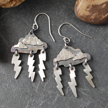 Silver Cloud Earrings with Lightning Bolts